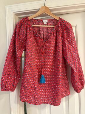 J. Crew Coral-Red Printed Peasant Blouse with Blue Tassel